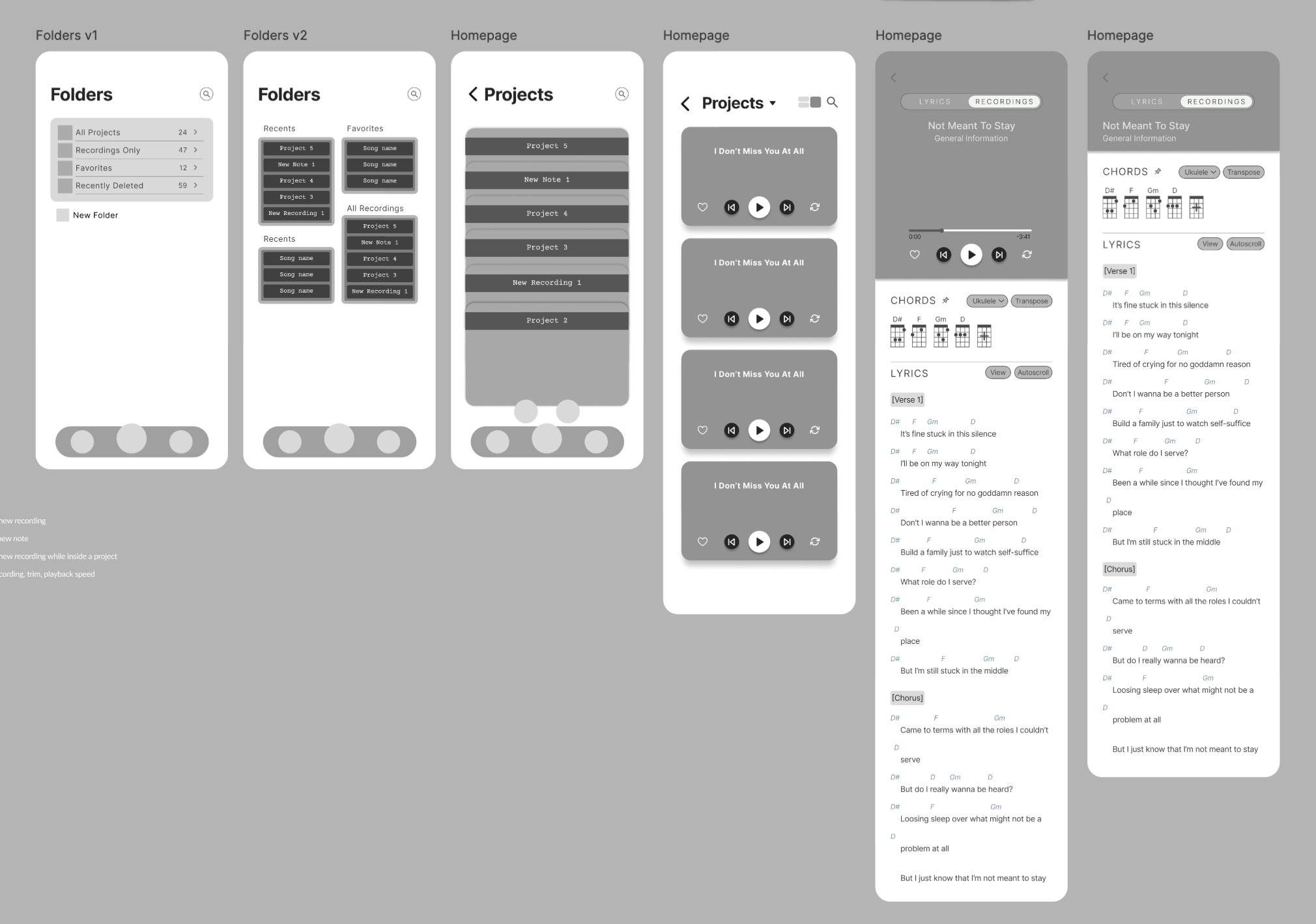 Low-fidelity Chordio wireframes
